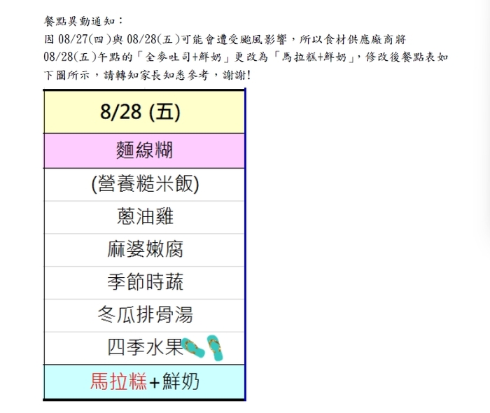 1150828餐點異動通知